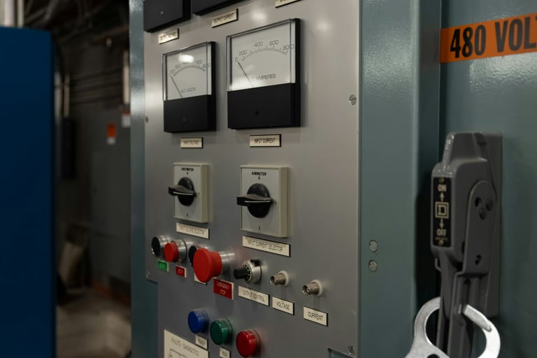 Industrielles Bedienfeld mit Messinstrumenten und Schaltern